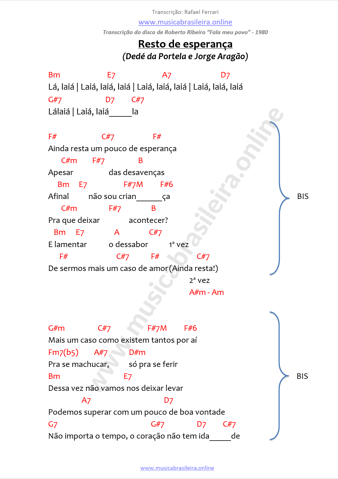 Cifra de samba Resto de esperança (Dede da Portela e Jorge Aragao)